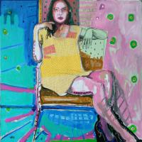 La fille à la robe jaune 2013 Acrylique, crayon et collage sur toile - 100 x 100 cm