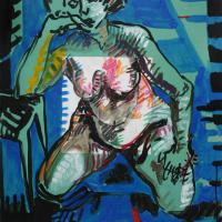 Fanny pensive 1990 Acrylique et collage sur papier - 100 x 70 cm