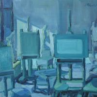 Interno blu I 1985 Huile sur panneau - 40 x 50 cm