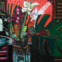 Avec mes fleurs 2011 Acrylique, crayon et collage sur toile  - 76 x 116 cm