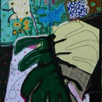 Mes fleurs écoutent du jazz 2011 Acrylique, crayon et collage sur toile  - 100 x 50 cm (Coll. privée)