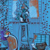 Intérieur bleu avec le chat 1988 Feutre sur papier - 29,7 x 21 cm