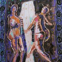 La rencontre II  2023  Acrylique et pastel à l'huile sur paper - 40 x 28 cm