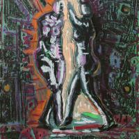 La rencontre  2023 Acrylique et pastel à l'huile sur paper - 40 x 27,5 cm